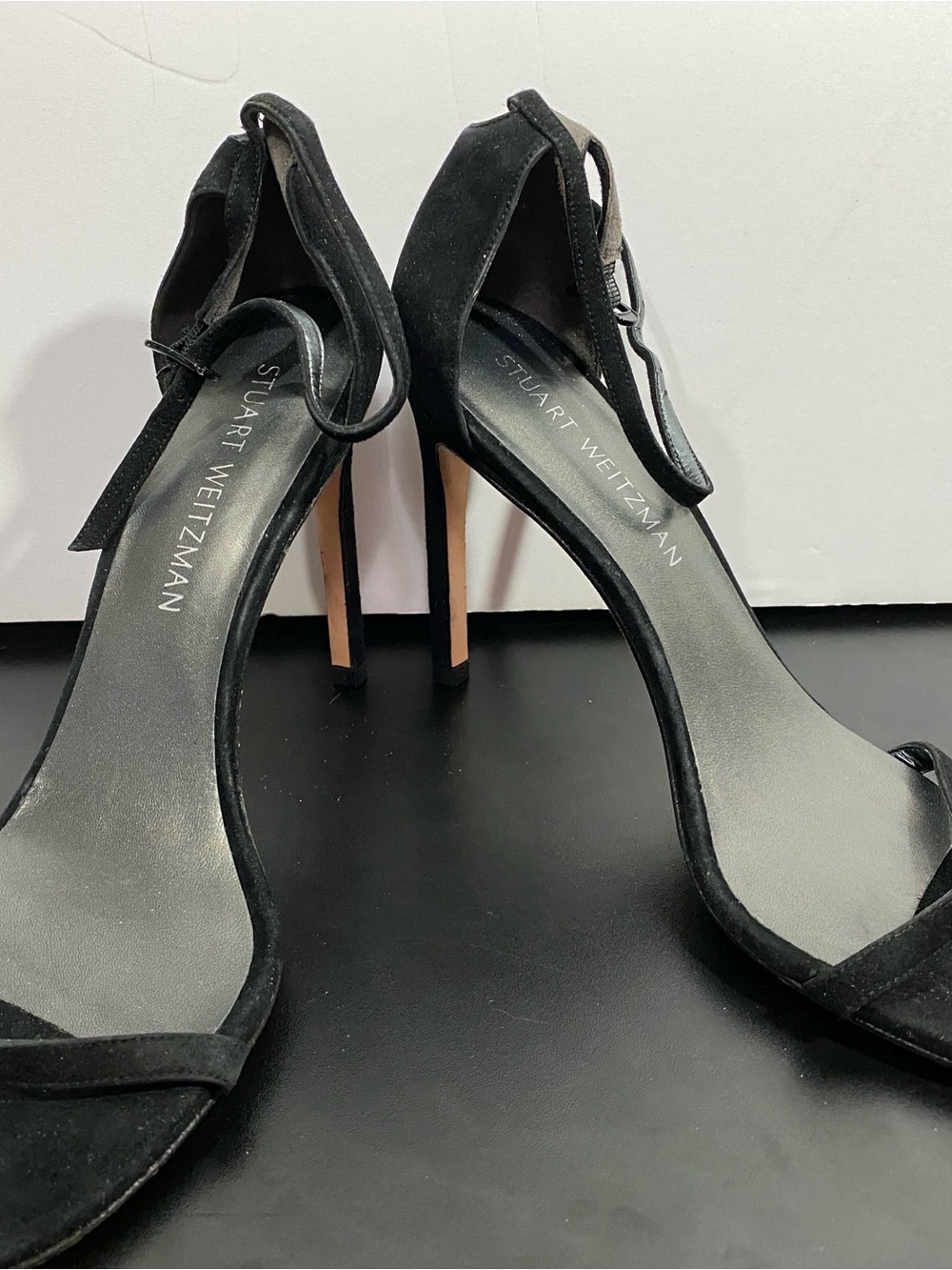 Stuart Weitzman Black Suede Open-Toe Ankle-Strap Stilettos